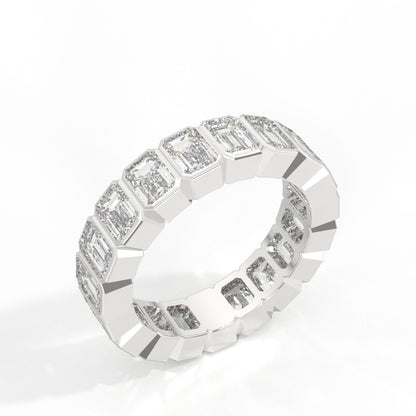 Emerald Cut Bezel Diamond Band 14K White Gold